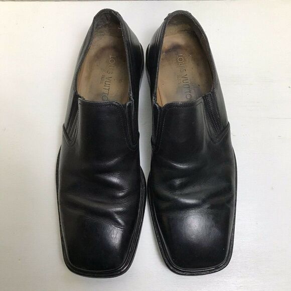 Louis Vuitton Men's Black Leather Square Toe Slip On Loafer Shoes Size LV 8 US 9 - Picture 3 of 12